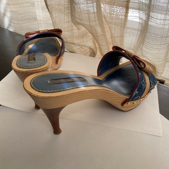 Louis Vuitton denim monogram heels mules tan leather slip on sandals slides blue - Picture 4 of 9